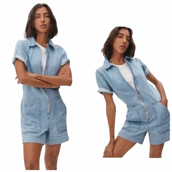 Everlane Womens The Denim Short Coverall Organic Cotton Light Wash Sz 2 Utility - Picture 1 of 9